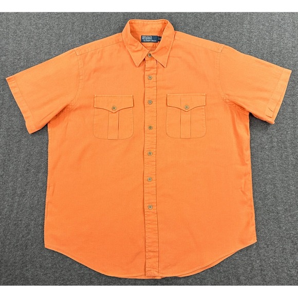 VTG Ralph Lauren Shirt Mens‎ XL Orange Linen Cotton Pocket Woven Button Up Camp - Picture 1 of 9